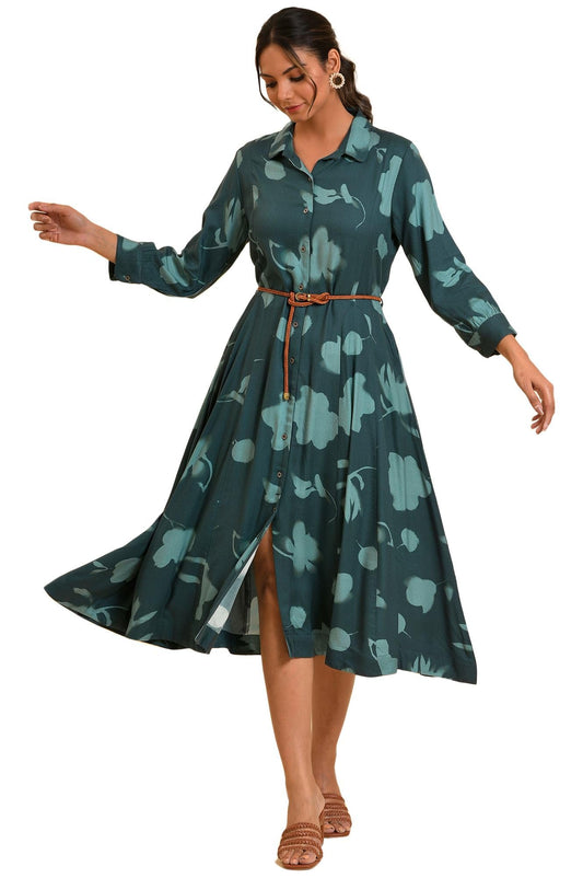 W for Woman Women's Viscose Green Floral Printed Western Dress with Belt Calf Length Teal