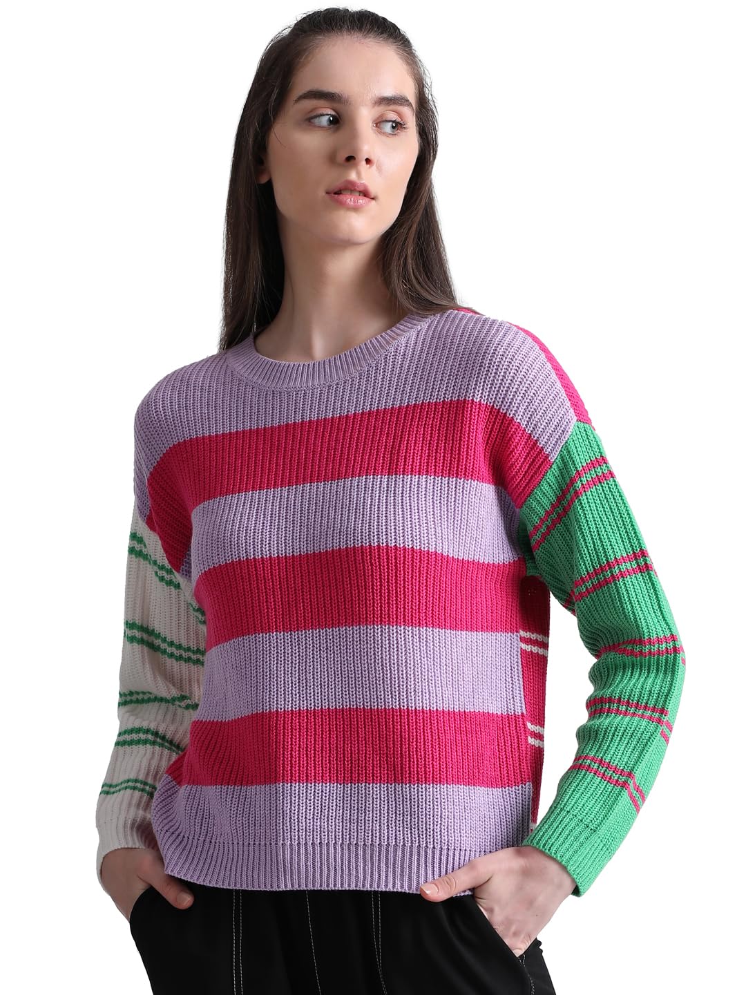 Only Women's Acrylic Round Neck Purple Sweater