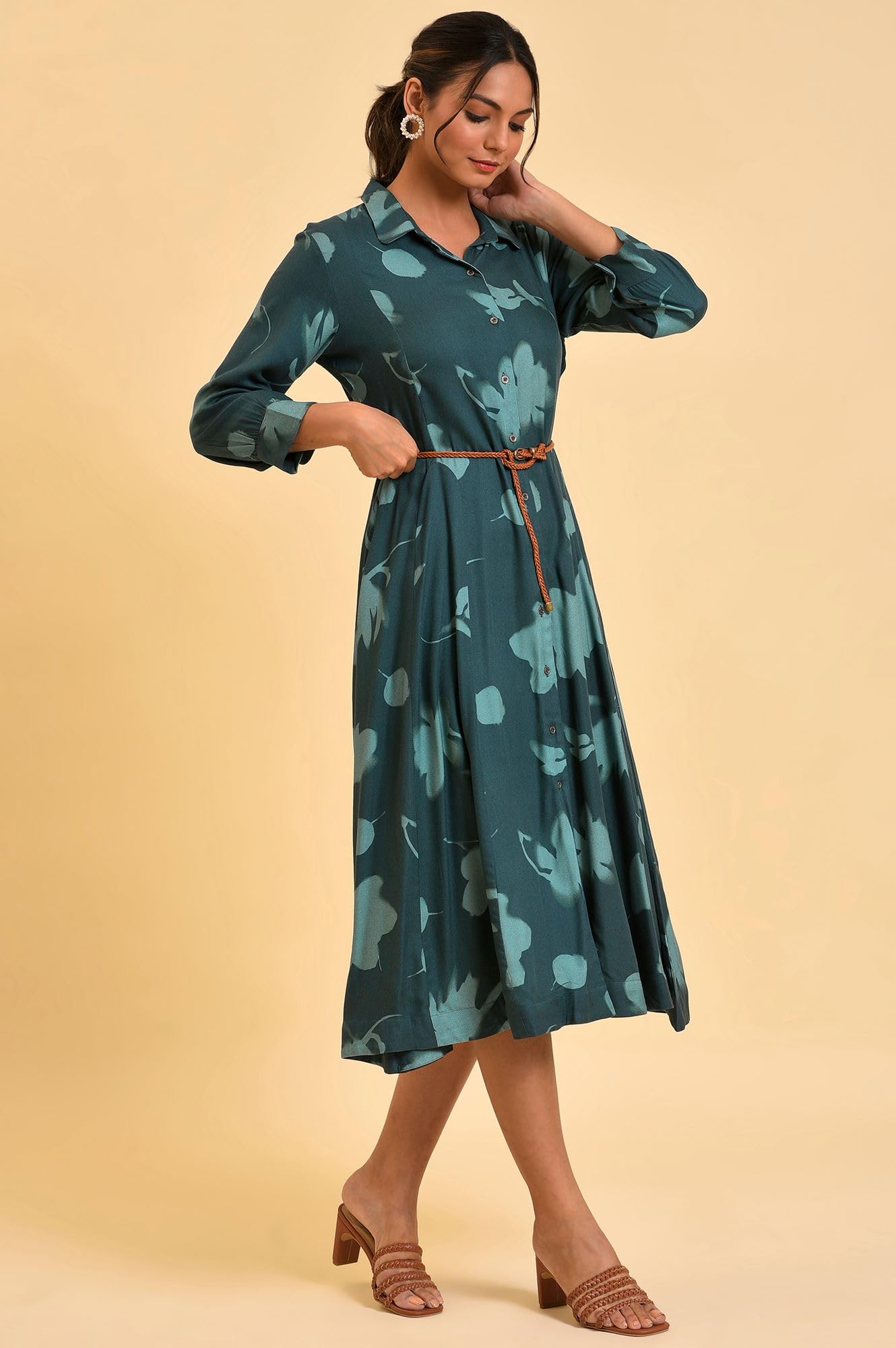 W for Woman Women's Viscose Green Floral Printed Western Dress with Belt Calf Length Teal