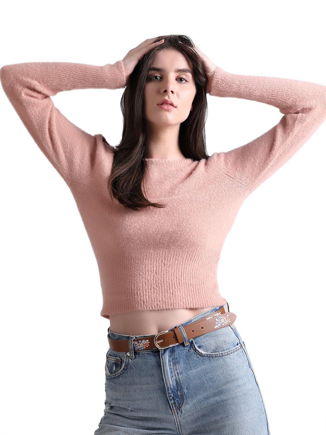 ONLY Women's Nylon Blend Round Neck Pullover Sweater (Misty Rose)