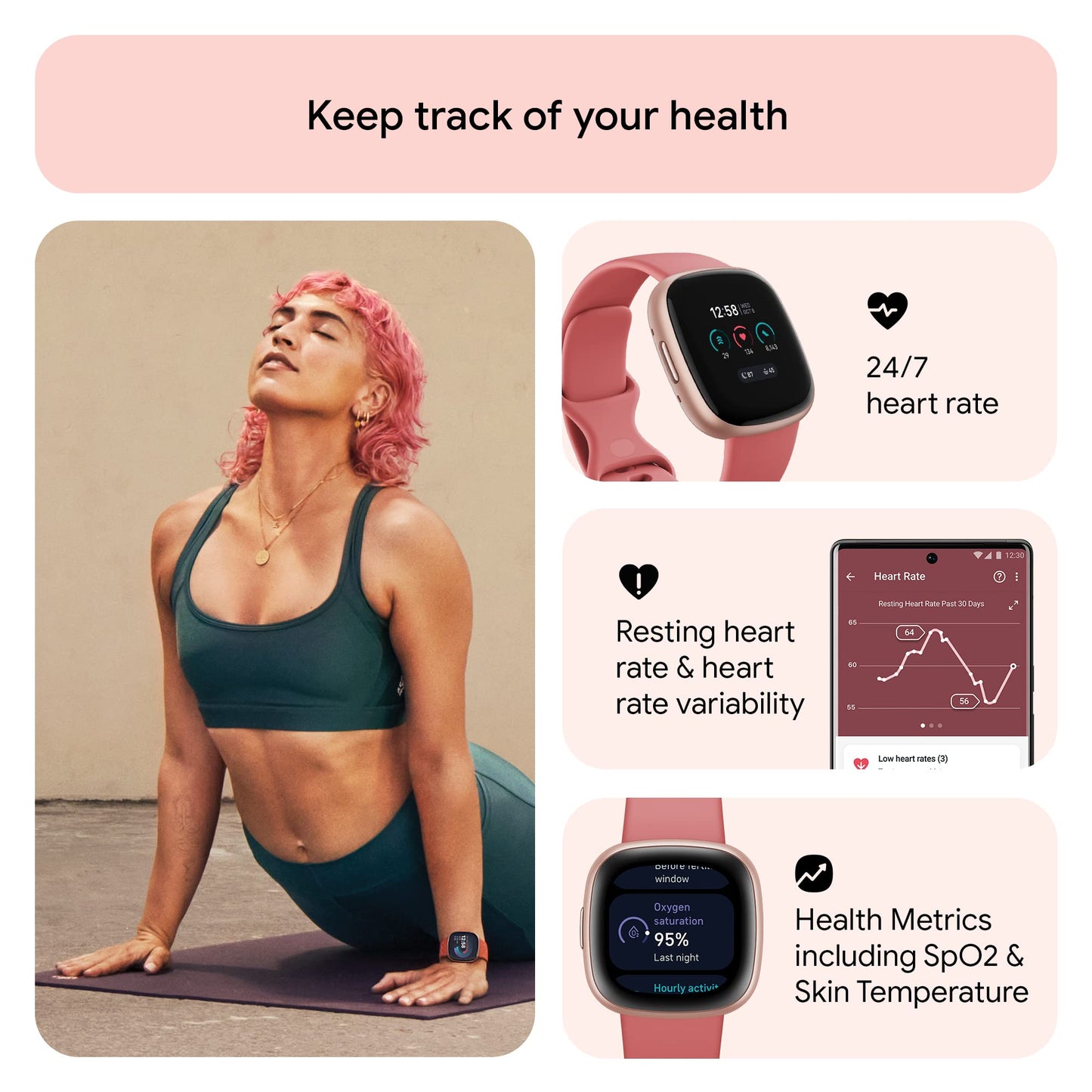 Fitbit Versa 4 Fitness Watch (Pink Sand/Copper Rose Aluminium) with 6-Month Premium Membership