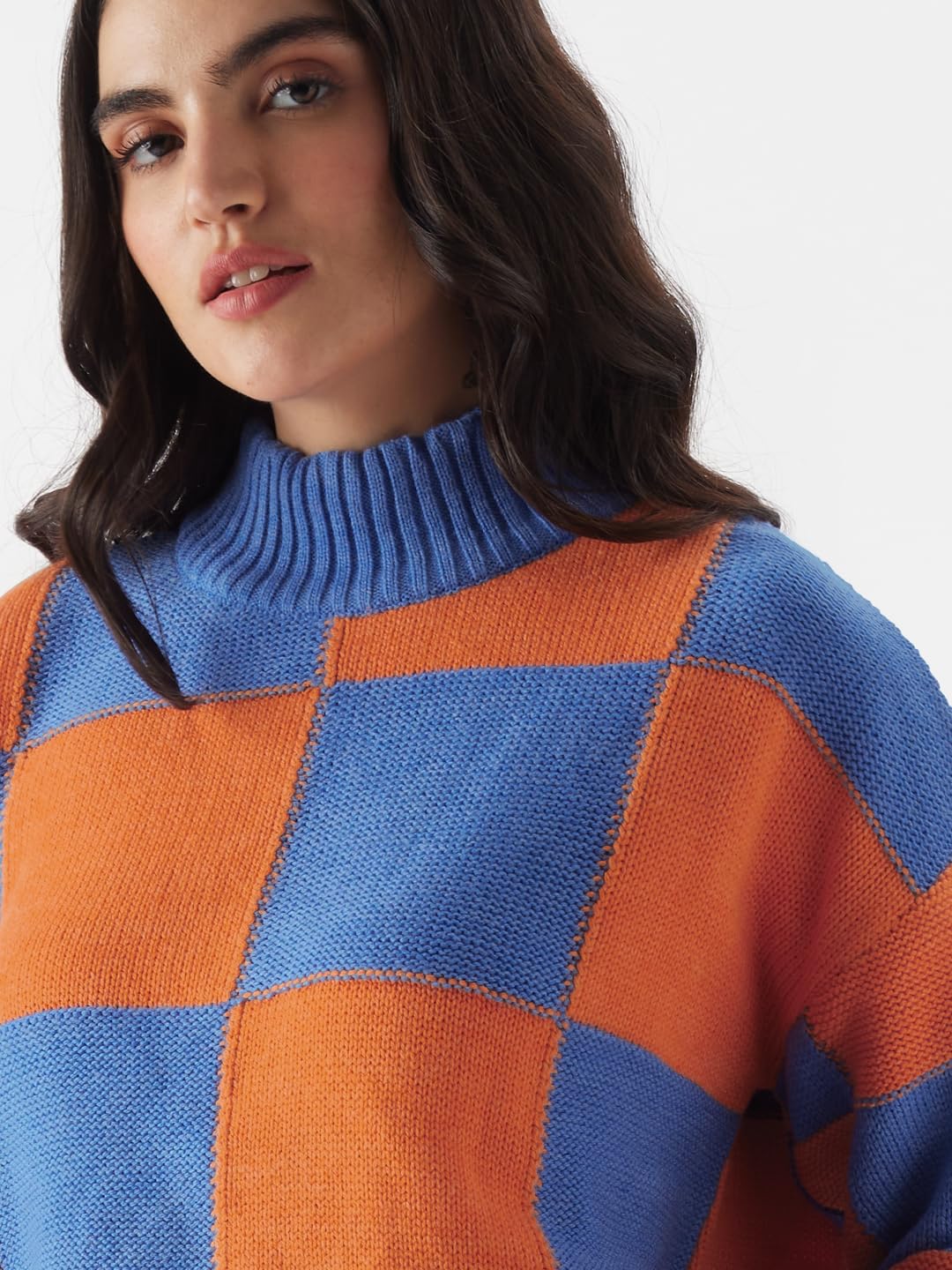 The Souled Store Solids: Blue, Orange (Colourblock) Women Turtle Neck Sweaters