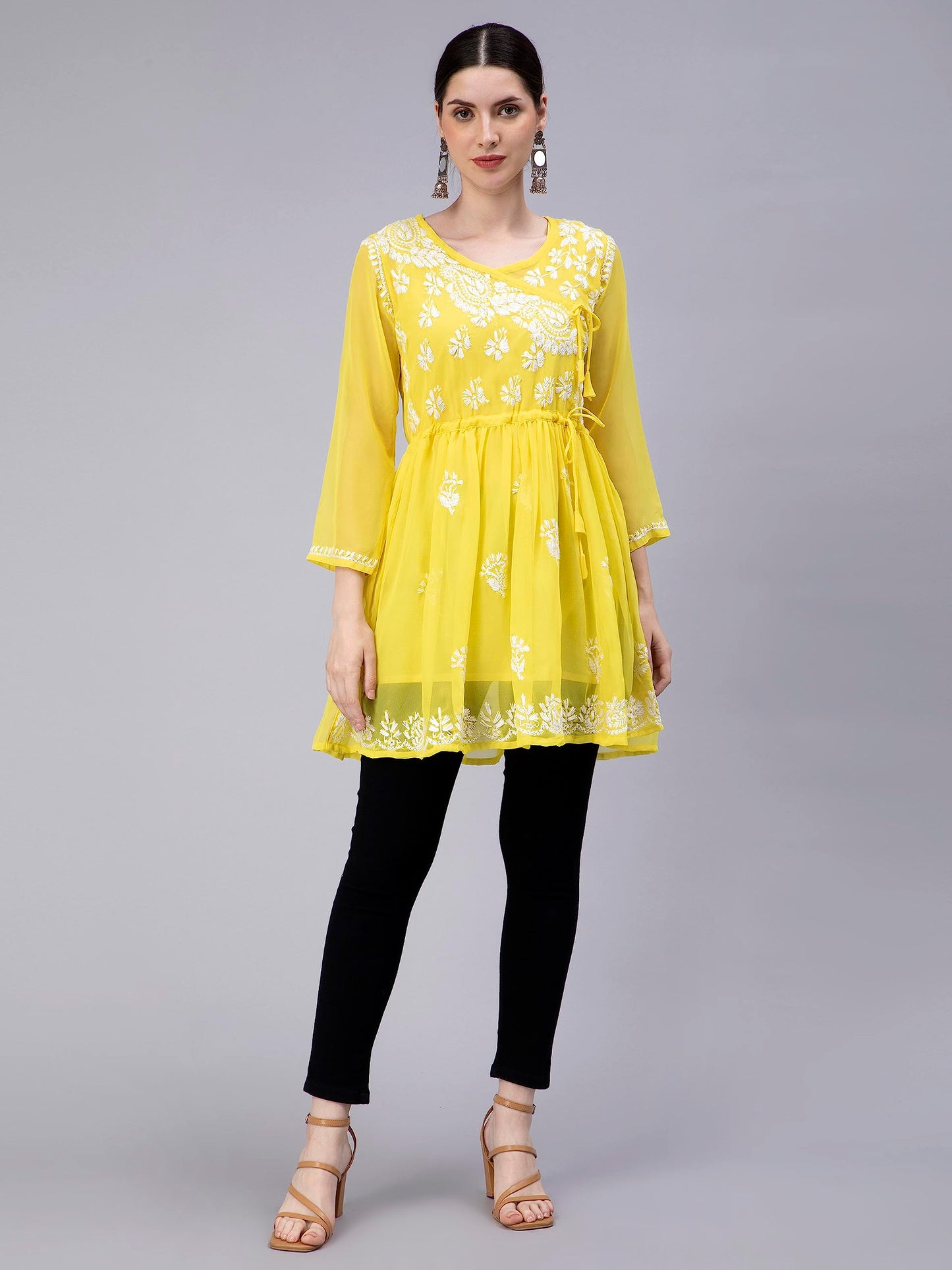 Seva Chikan Hand Embroidered Lucknowi Chikankari Yellow Georgette Women's Top with Inner Slip (Yellow)