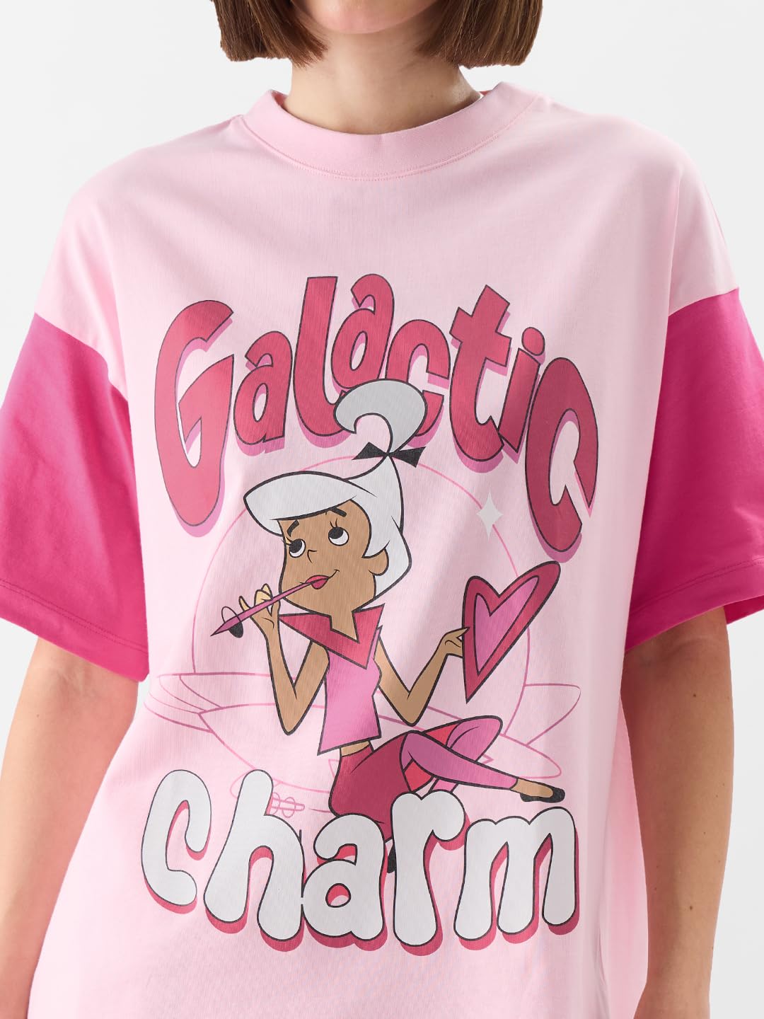 The Souled Store Official The Jetsons: Galactic Charm Women and Girls Oversize Fit Half Sleeves Graphic Printed Cotton Pink Color T-Shirt