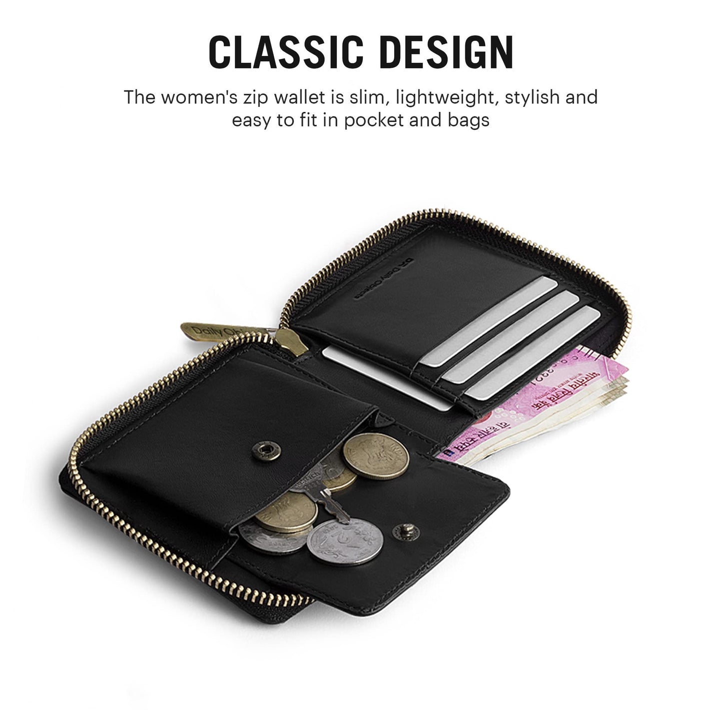 DailyObjects Drab Pin Stripes Women's Zip Wallet | Made with Vegan Leather | Carefully Handcrafted | Holds up to 8 Cards | Slim and Easy to Fit in Pocket | Coin Pocket with Button Closure