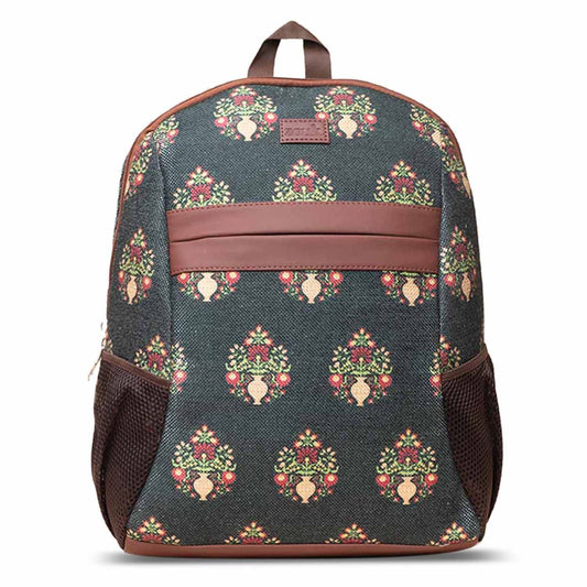 ZOUK Royal Green Mogra Floral Printed Women's Jute Handcrafted Vegan Leather Royal Green Classic Backpack