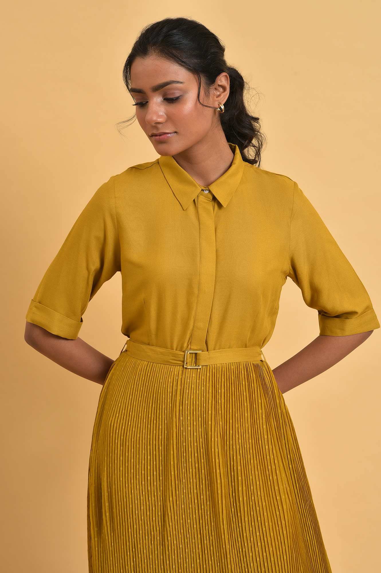 W for Woman Women's Viscose Mustard Yellow Pleated Dress Calf Length