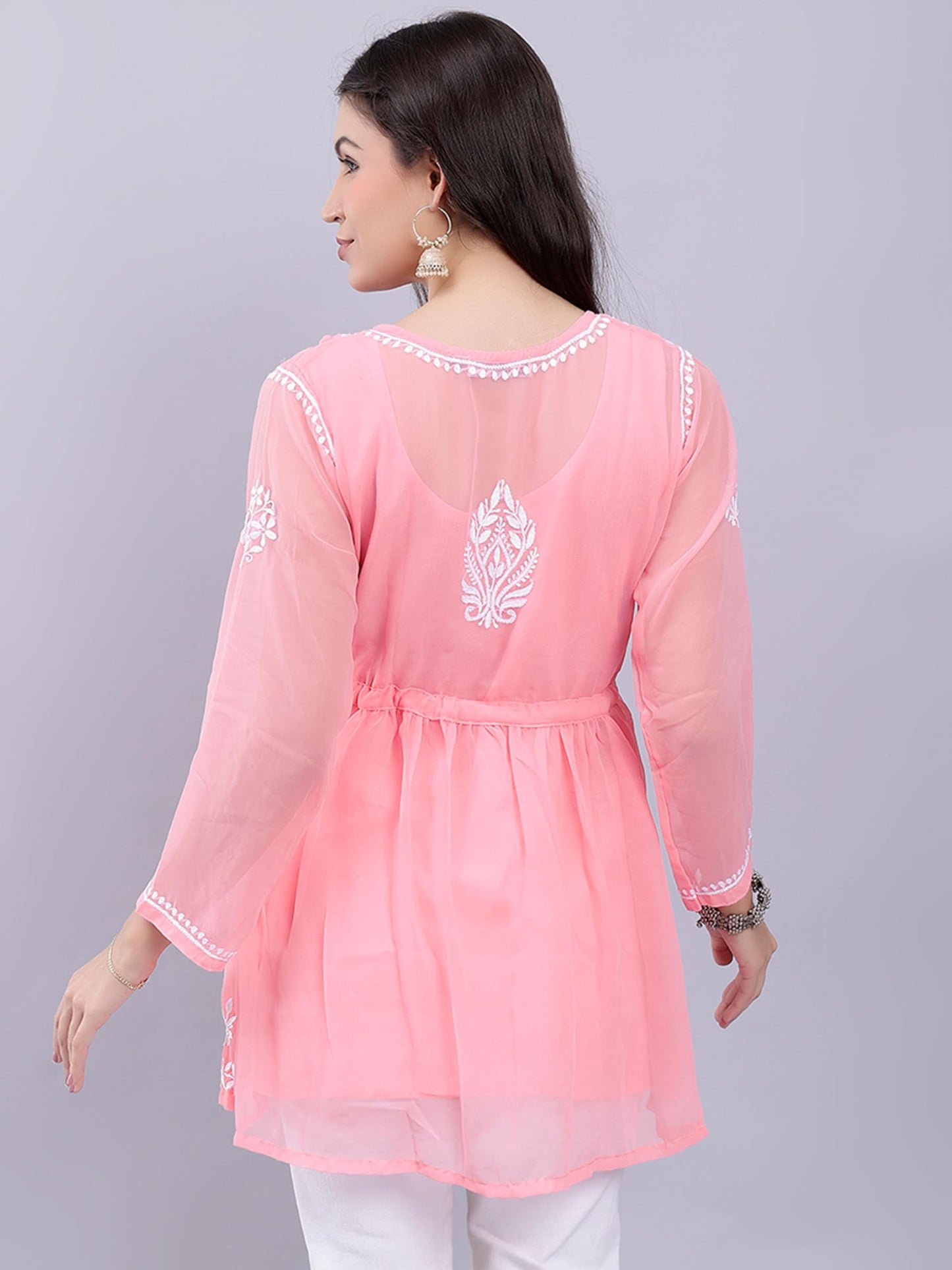 Seva Chikan Hand Embroidered Peach Georgette Lucknowi Chikankari Top with Slip (Peach)