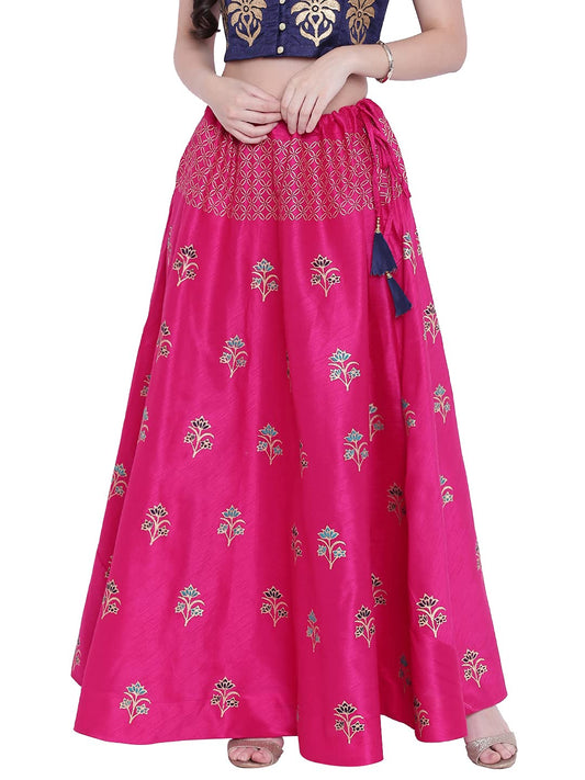 studio rasa Women's Semi-Dupion Block Printed Skirt for Festive Wedding (Fuschia)