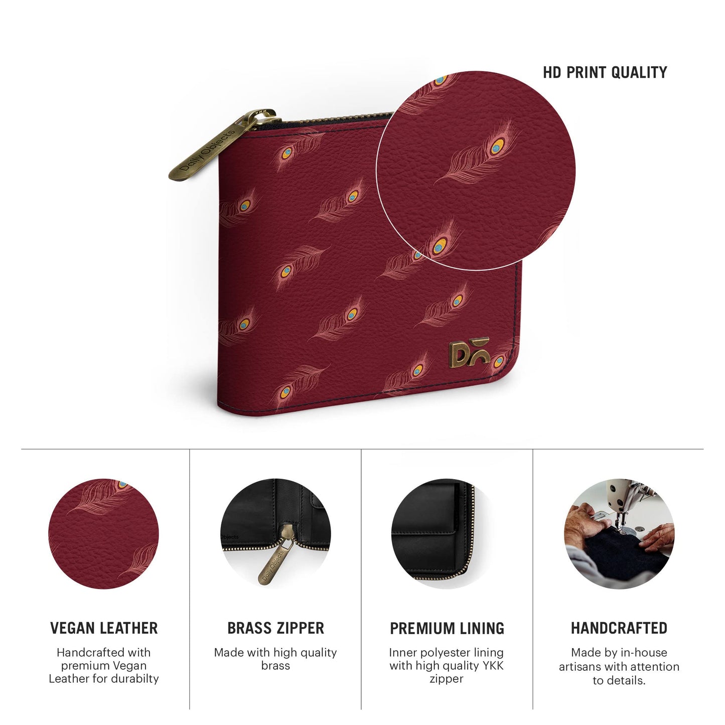 DailyObjects Maroon Feathers Women's Wallet | Made with Vegan Leather Material | Carefully Handcrafted | Holds up to 8 Cards | Slim and Easy to Fit in Pocket | Coin Pocket with Button Closure