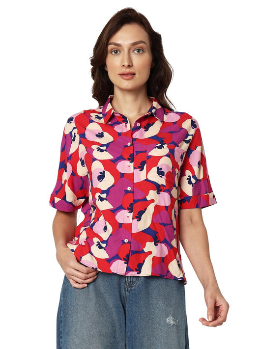 VERO MODA Women's Floral Print Regular Fit Shirt (10308714-Golden Ochre_Golden