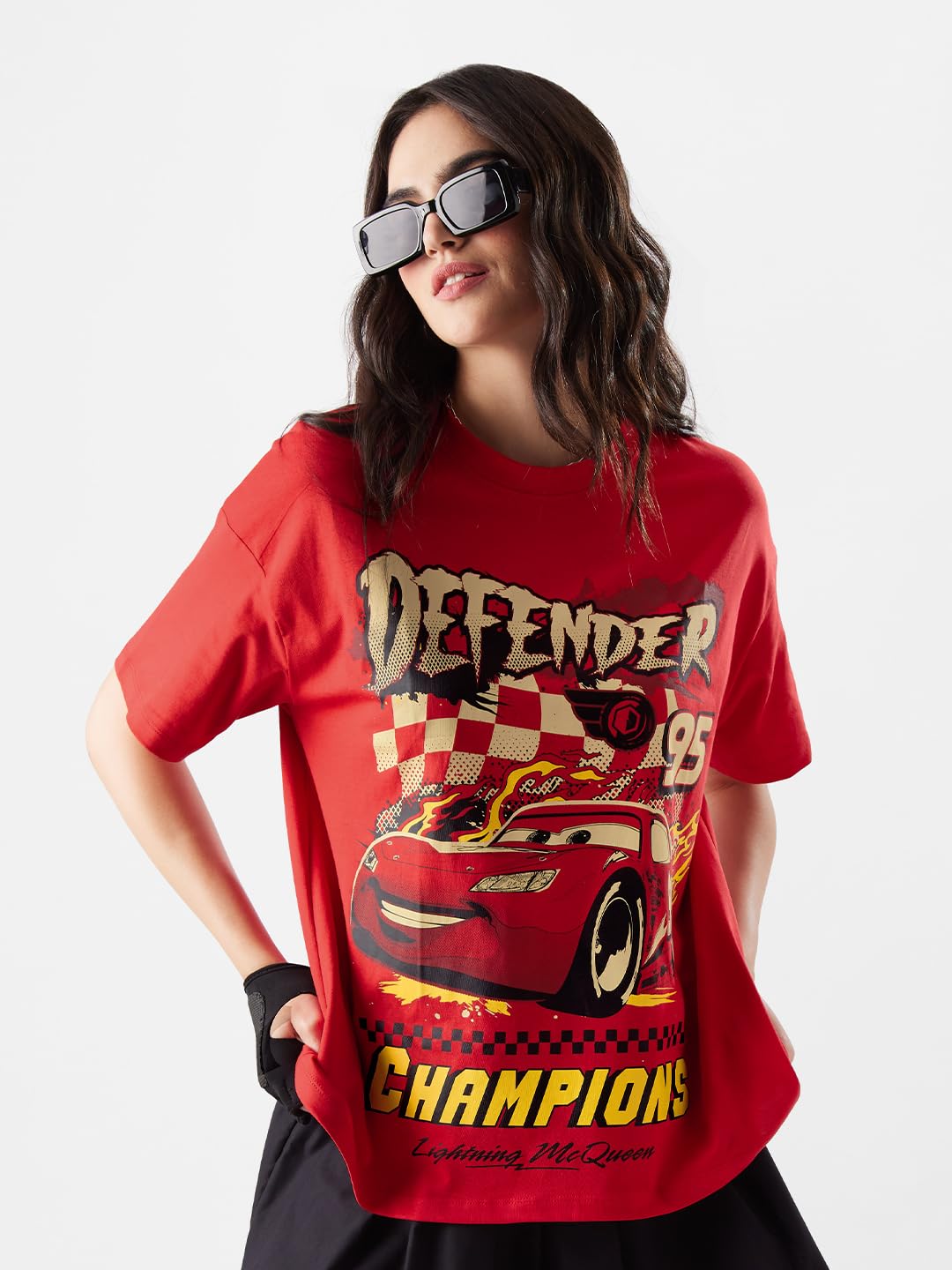 The Souled Store Cars: Defending Champ Womens and Girls Oversize Fit Half Sleeve Graphic Printed Cotton Red Color T-Shirt