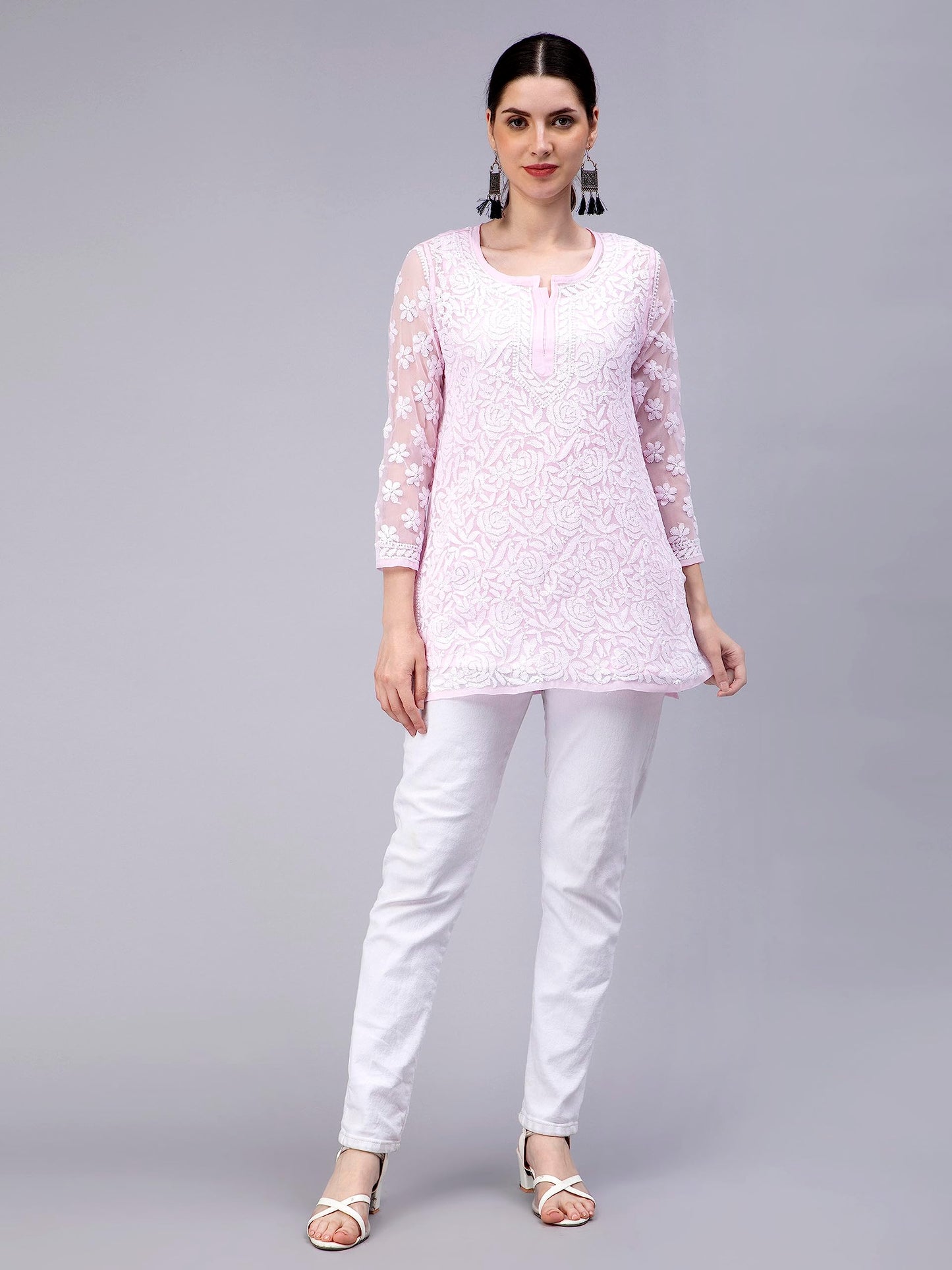 Seva Chikan Hand Embroidered Lucknowi Chikankari Pink Georgette Women Short Top & Tunic (Pink)