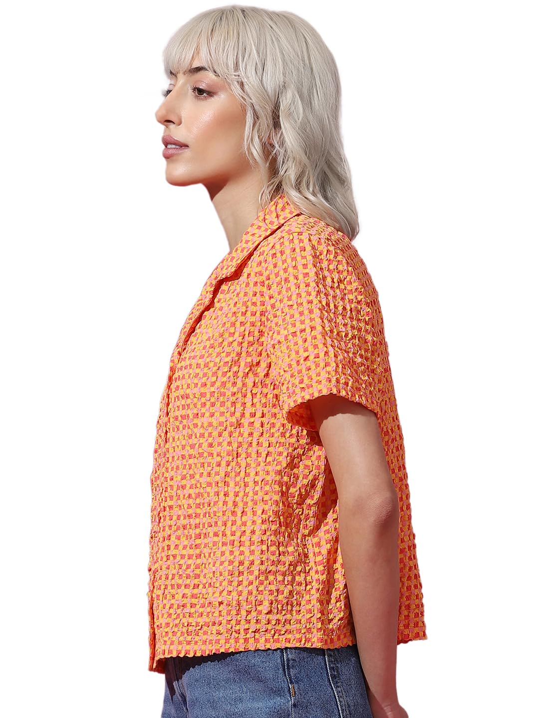 ONLY Women's Checkered Regular Fit Shirt (15315706-Jaffa Orange_Jaffa