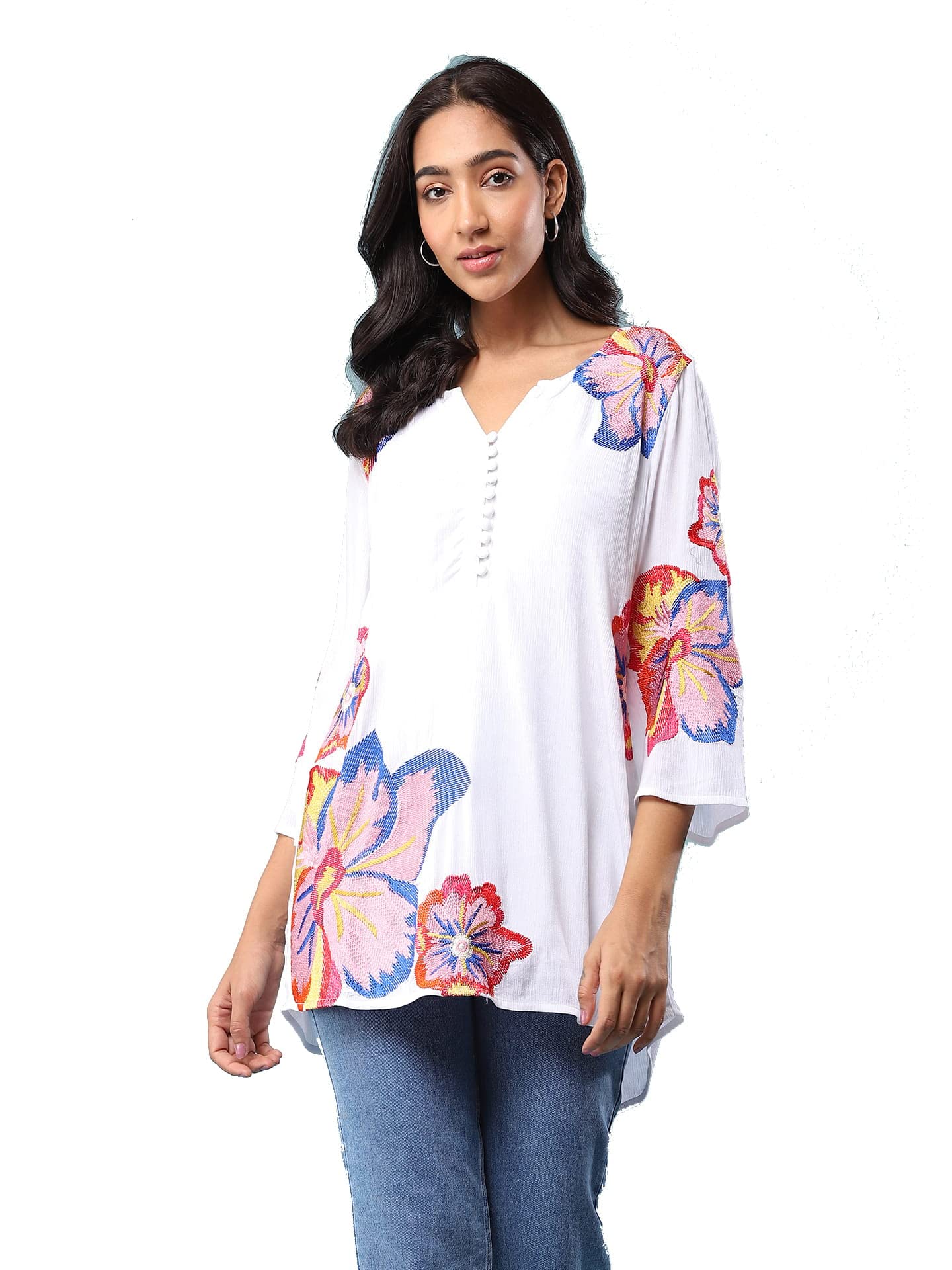 Aarke Ritu Kumar Round Neck 3/4 Sleeve Casual Top White