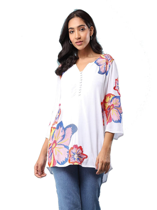 Aarke Ritu Kumar Round Neck 3/4 Sleeve Casual Top White