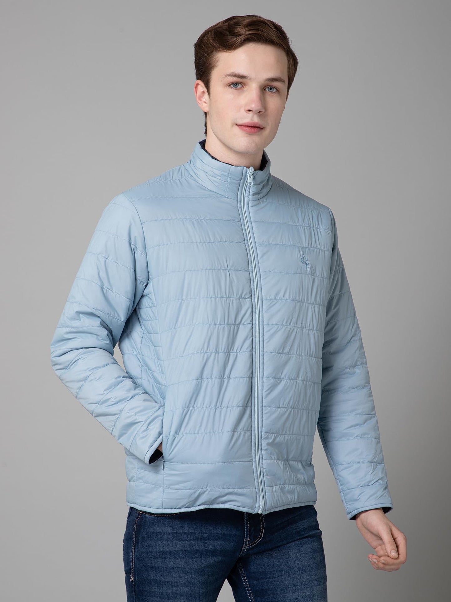 Cantabil Solid Reversible Full Sleeves Mock collar Regular Fit Mens Casual Jacket | Casual Winter Jackets for Men | Mens Jackets for Winter Wear (MJKT00148_SKY_M)