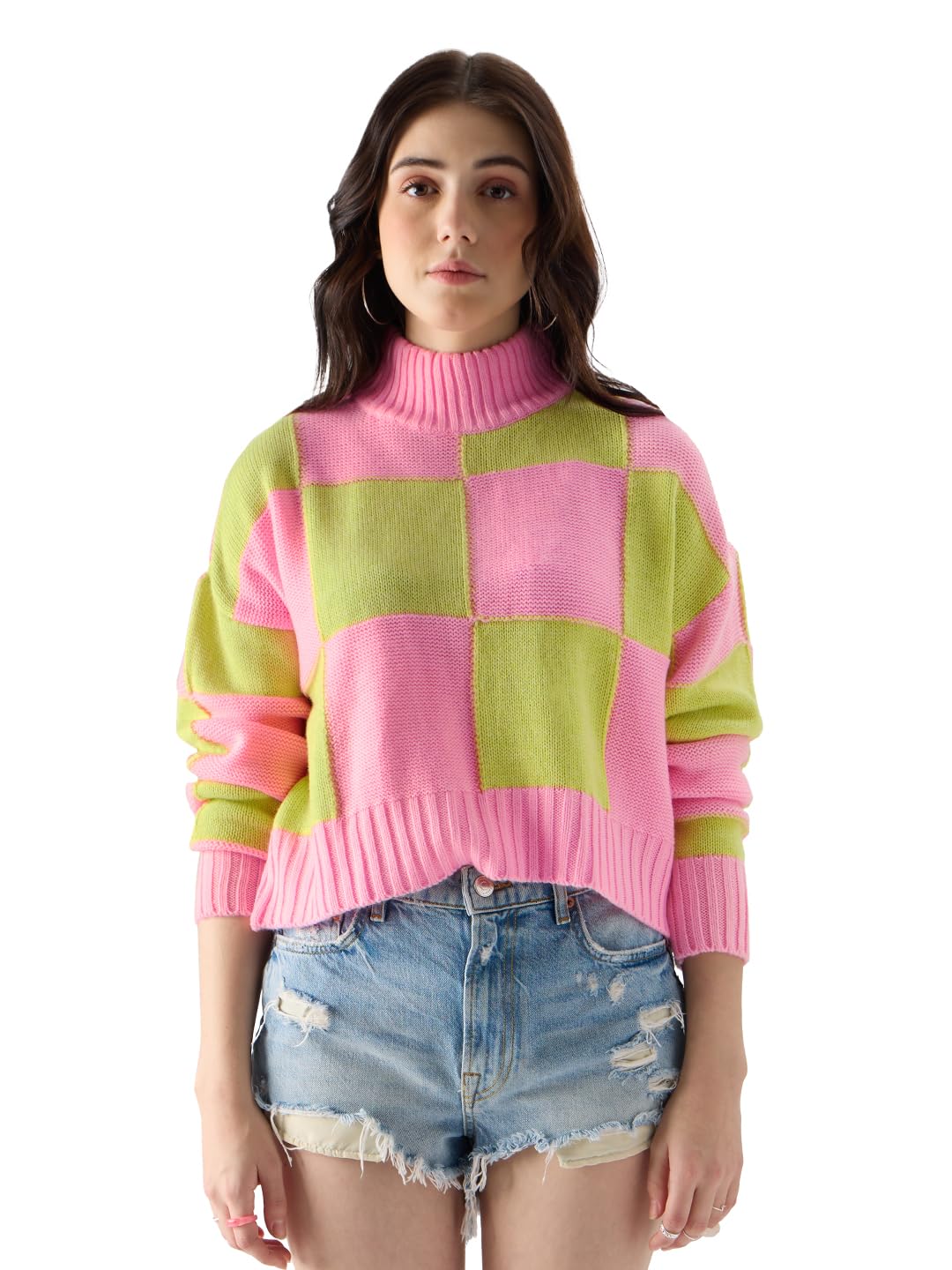 The Souled Store Colorblock: Candy Lime Women Turtle Neck Sweaters