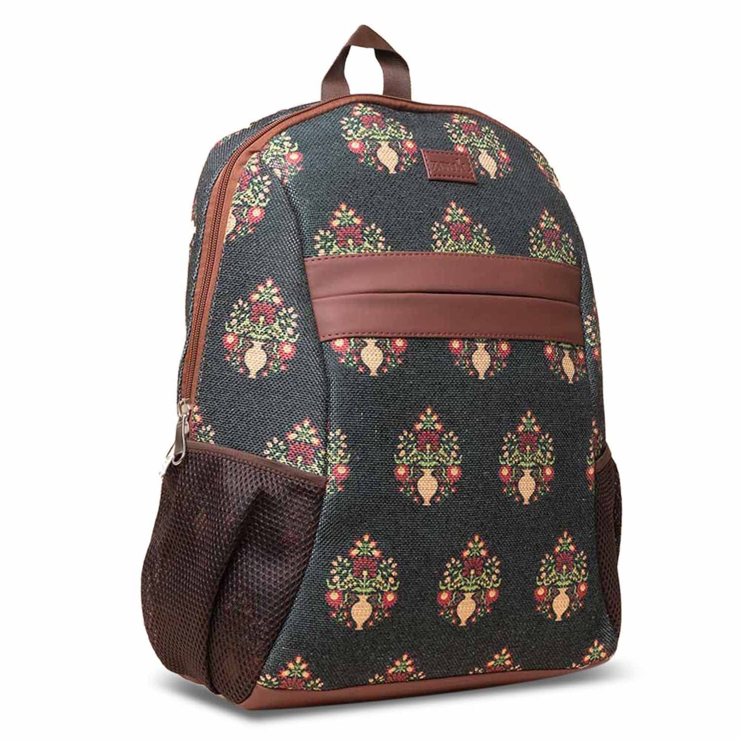 ZOUK Royal Green Mogra Floral Printed Women's Jute Handcrafted Vegan Leather Royal Green Classic Backpack