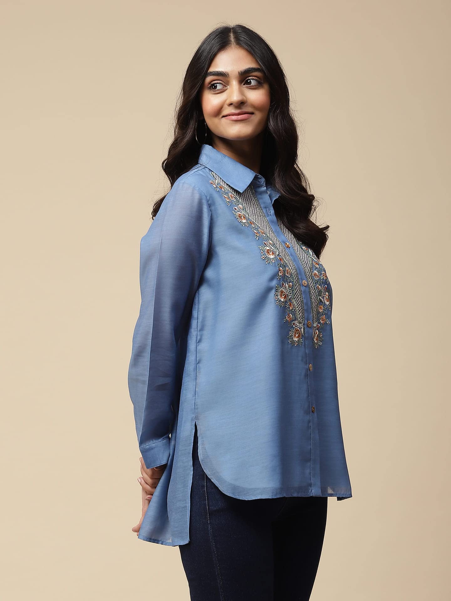 Aarke Ritu Kumar Sea Blue Embroidered Shirt