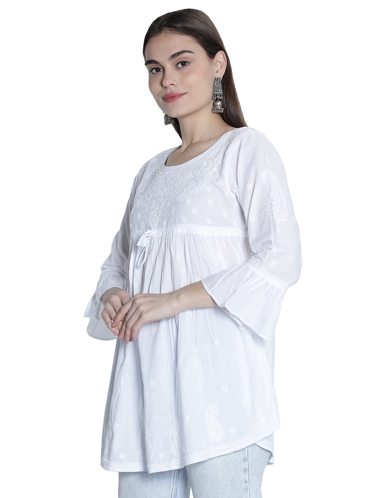 Seva Chikan Hand Embroidered White Cotton Lucknowi Chikankari Women's A-line Top Tunic -(White)