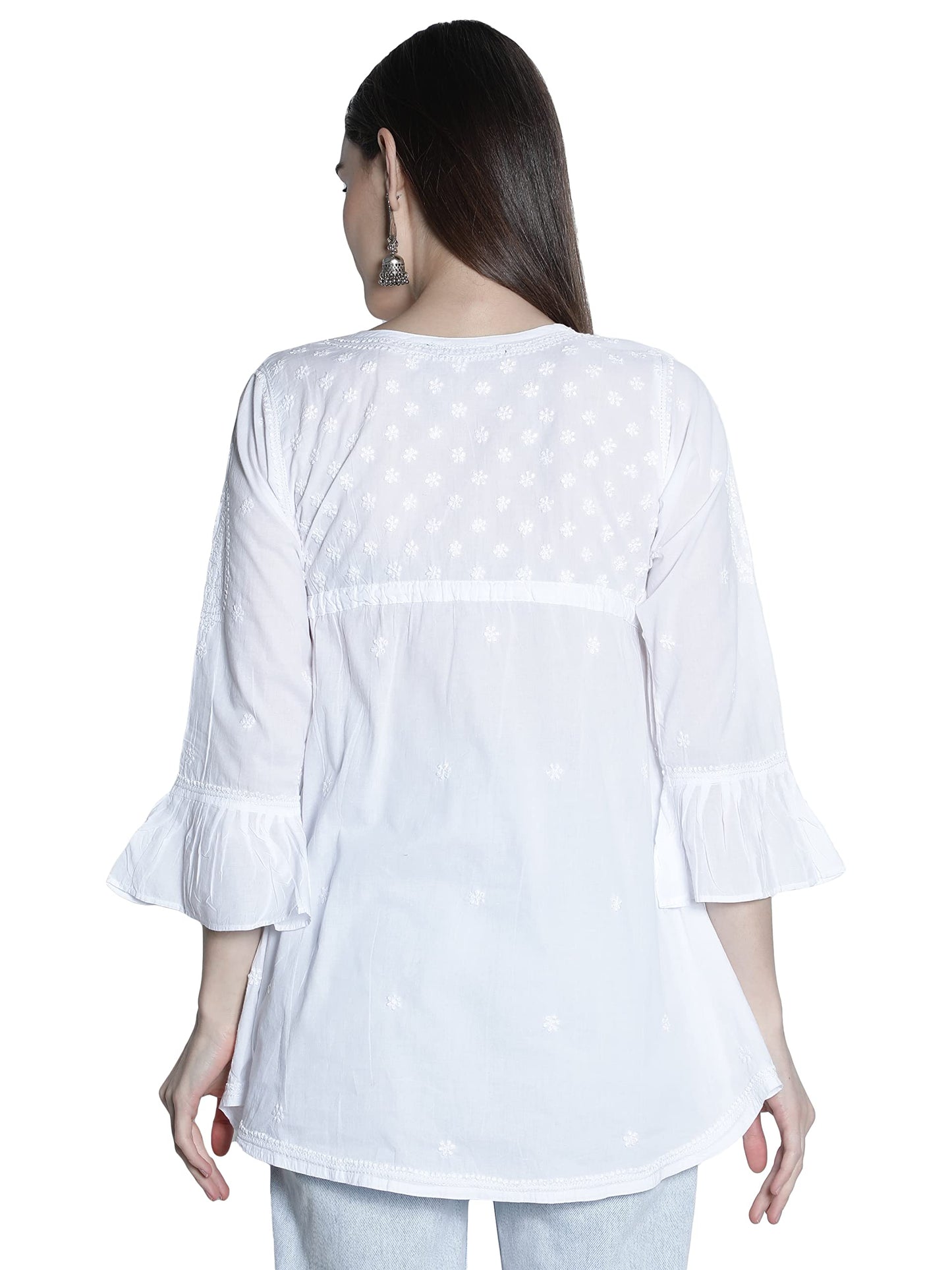 Seva Chikan Hand Embroidered White Cotton Lucknowi Chikankari Women's A-line Top Tunic -(White)