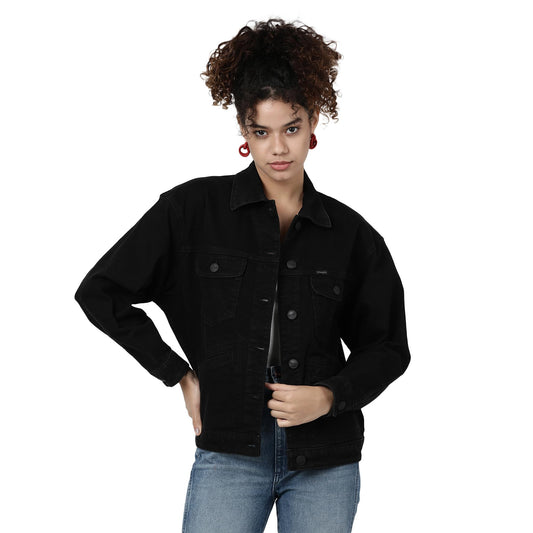 Wrangler Women's Solid Black Denim Jacket (Oversize)