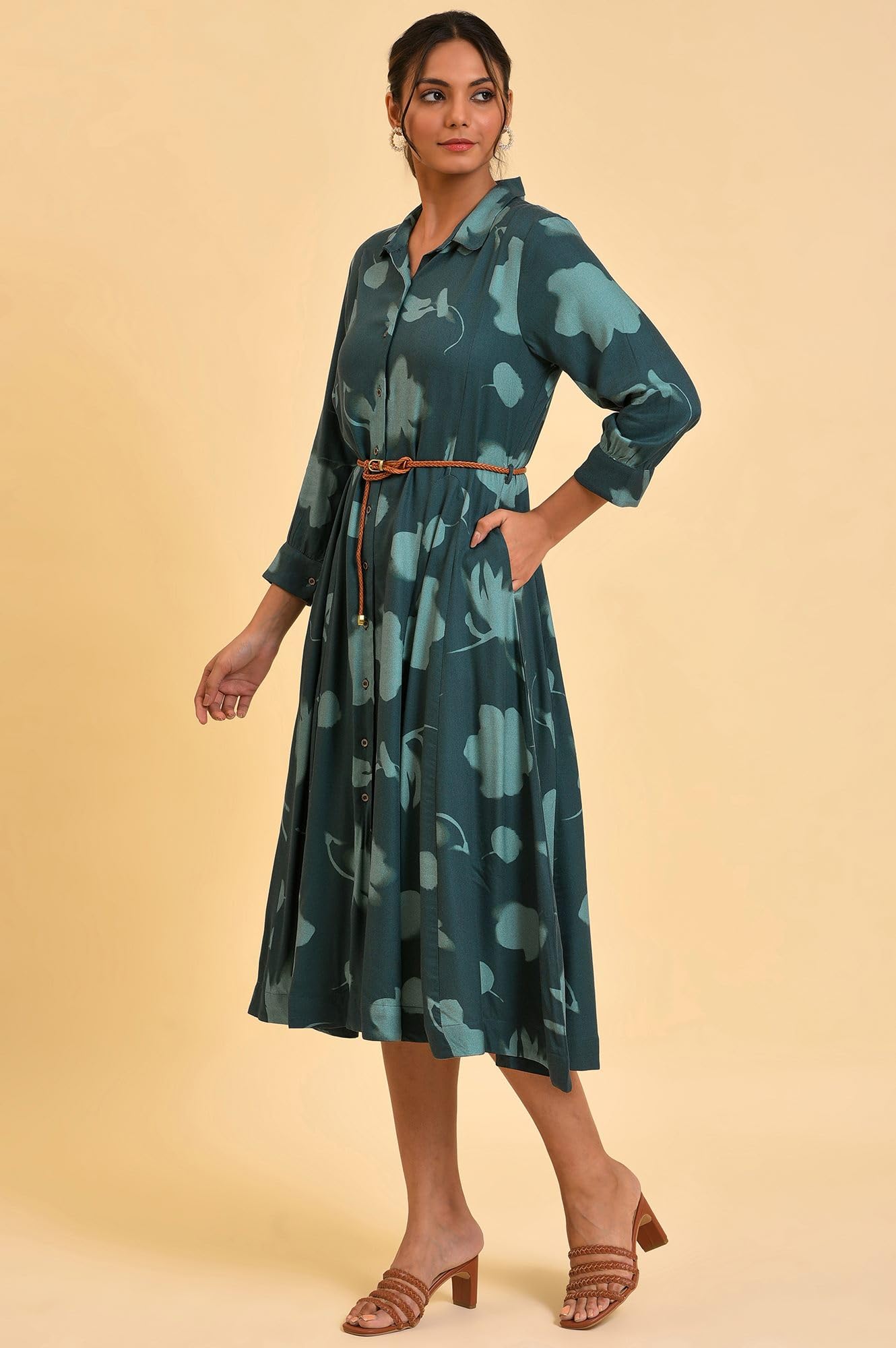 W for Woman Women's Viscose Green Floral Printed Western Dress with Belt Calf Length Teal