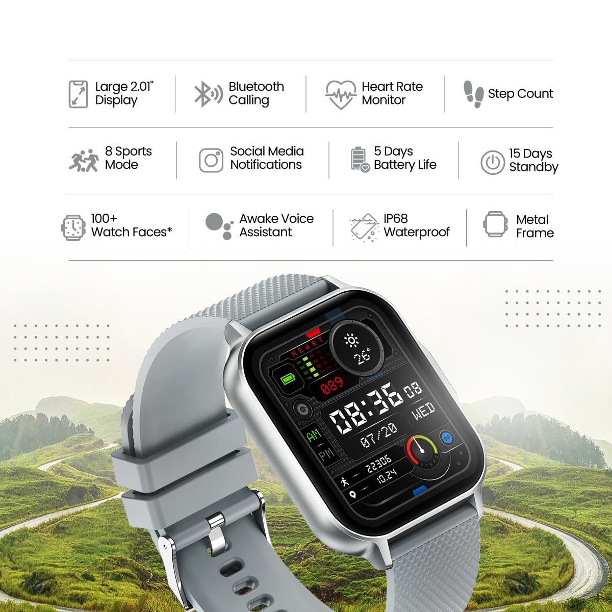 pTron Newly Launched Reflect Classic 2.01 inch Square Dial Smartwatch, Bluetooth Calling, Full Touch Display, 600 NITS, Metal Frame, 100+ Watchfaces, HR,SpO2, Sports Mode, 5 Days Battery Life (Silver)