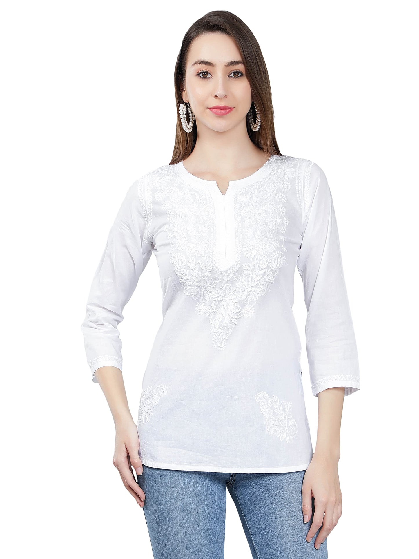 Seva Chikan Hand Embroidered Lucknowi Chikankari White Cotton Short Top Tunic for Women (White)