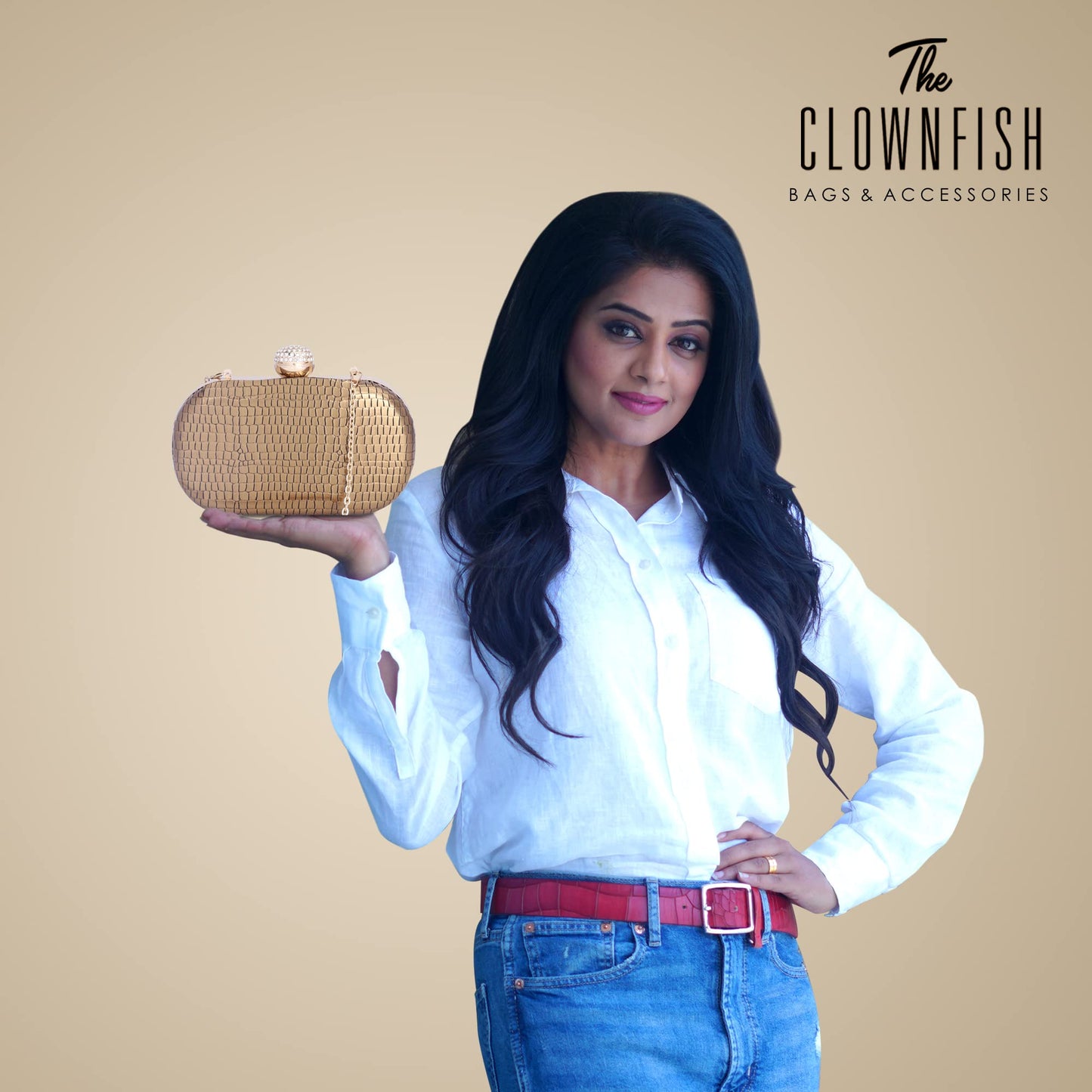 THE CLOWNFISH Soniva Collection Faux Leather Womens Party Clutch Ladies Wallet Evening Bag with Fashionable Round Corners (Golden)