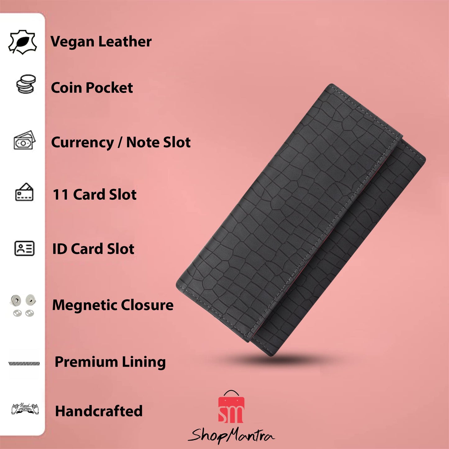 ShopMantra Wallet for Women's | Women's Wallet | Clutch | Made with Vegan Leather | Holds Upto 11 Cards 1 ID Slot | 2 Notes and 1 Coin Compartment | Inside Key Holder | Magnetic Closure | Color-Grey