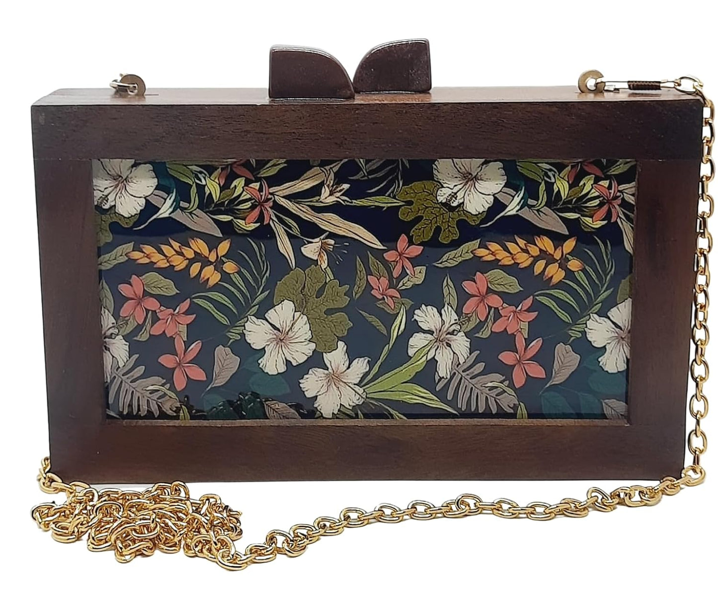 Trend Overseas Women's Wooden Printed Ethnic Clutch Bag/Bridal Purse/Handbag_Crossbody Sling Bags Detachable Chain for Bridal (Floral)