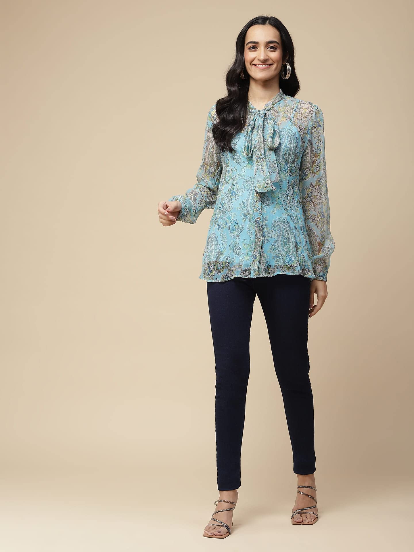 Aarke Ritu Kumar Blue Paisley Print Tie Up Top with Camisole