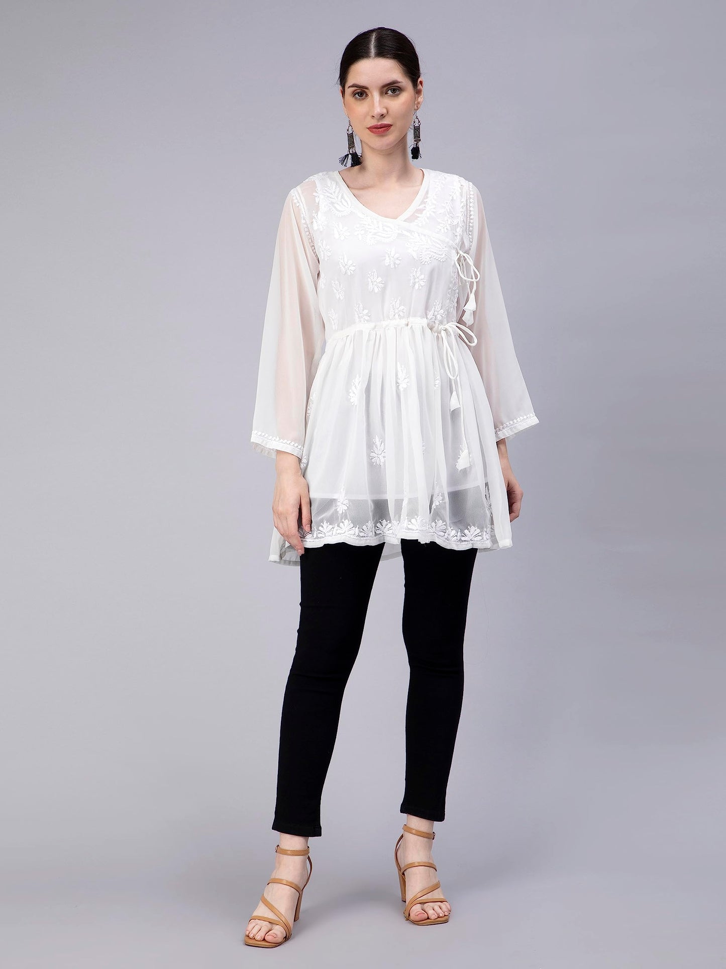 Seva Chikan Hand Embroidered Lucknowi Chikankari White Angarkha Georgette Women Short Top & Tunic with Slip (White)