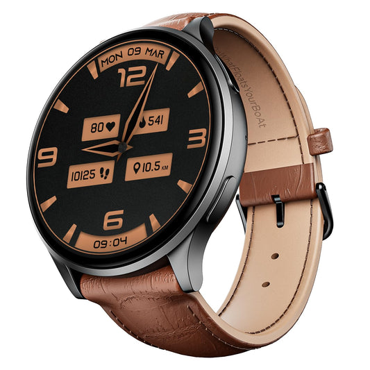 boAt Lunar Orb with 1.45" AMOLED Display, BT Calling, DIY Watch Face Studio, Coins, Crest App Health Ecosystem, Live Cricket & Football Scores, IP67, Smart Watch for Men & Women(Brown Leather)