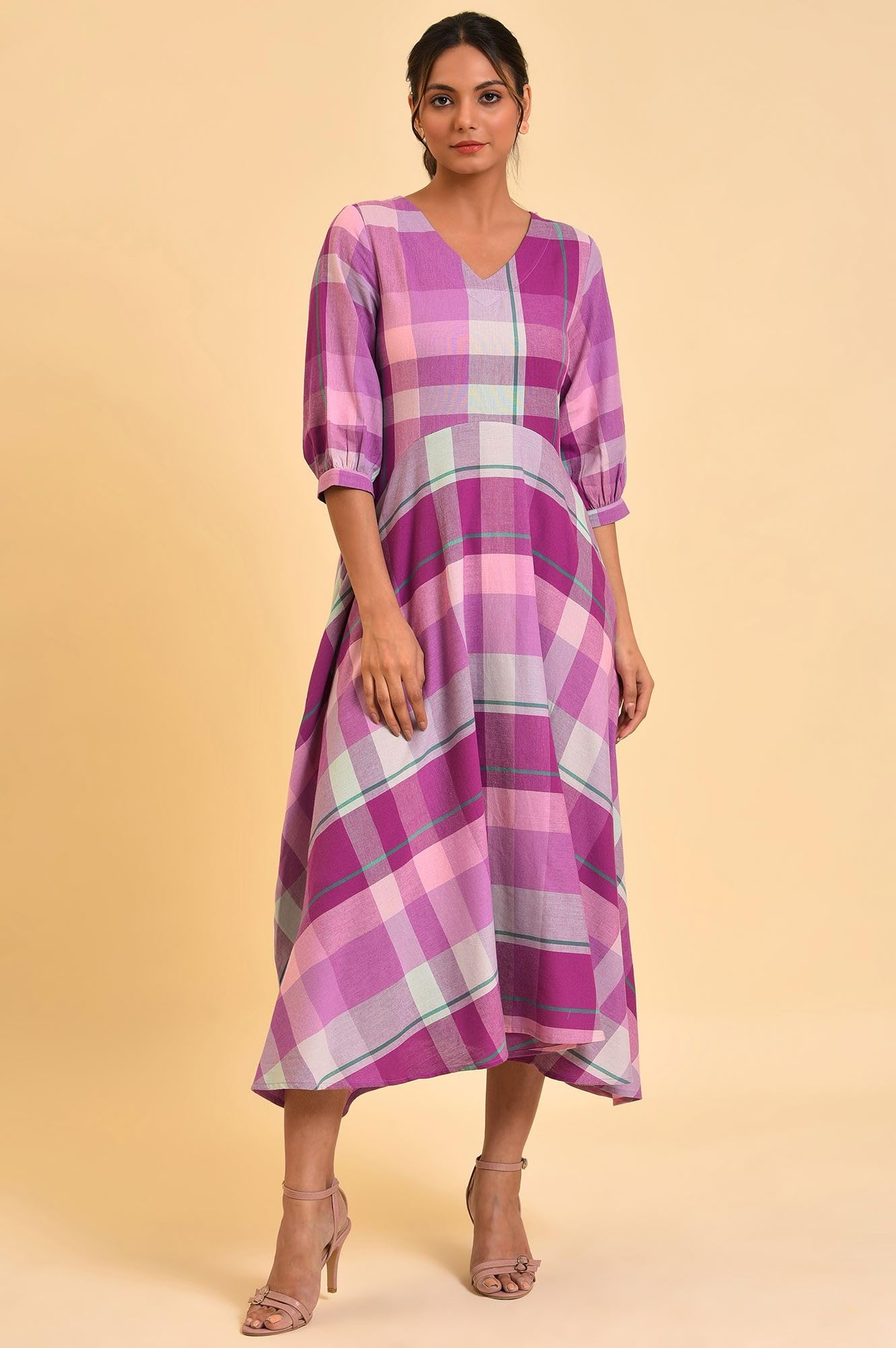 W for Woman Women's Cotton Purple Playful Free Flowing Checker Dress Calf Length Mulberry