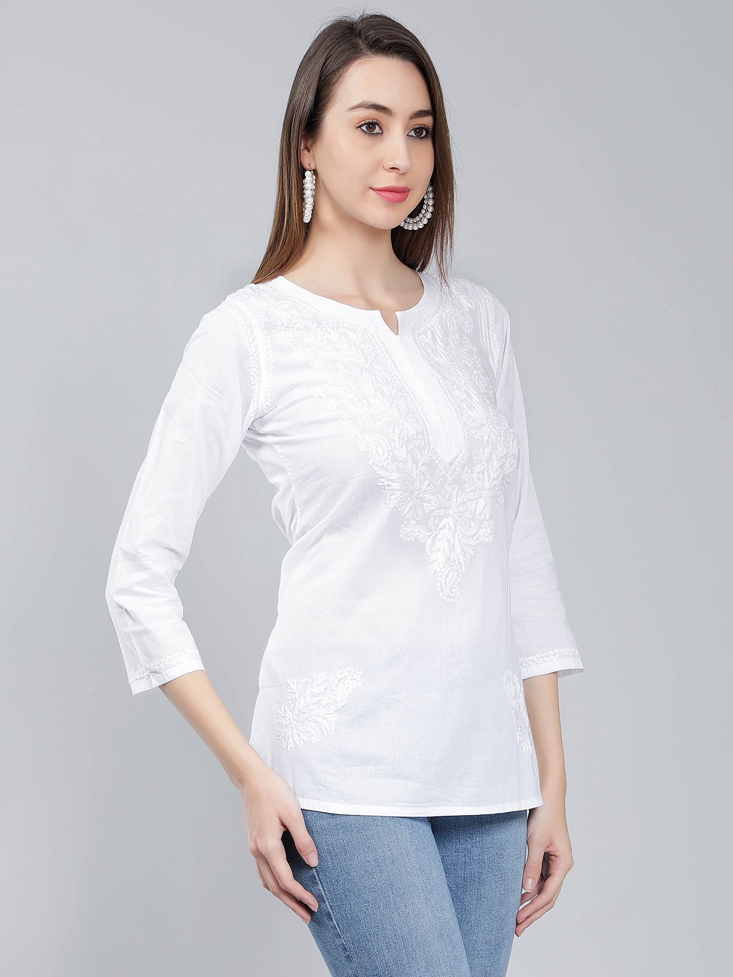 Seva Chikan Hand Embroidered Lucknowi Chikankari White Cotton Short Top Tunic for Women (White)