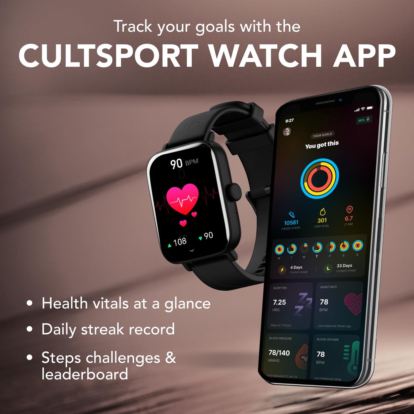 Cult.Sport Beats 1.85" HD Screen, 320 * 386, 600 nits, BT Calling, Crown Control, TWS Pairing Smartwatch  (Black Strap, Free Size)