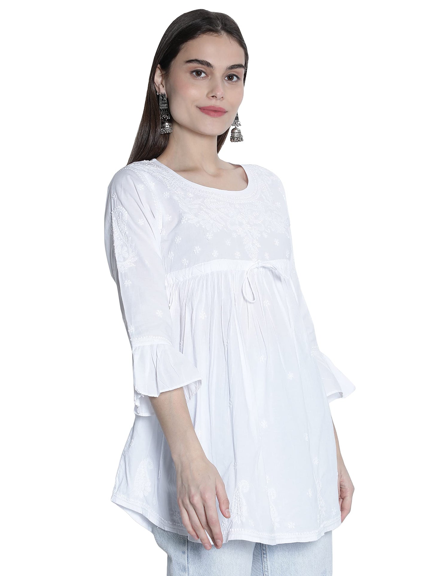 Seva Chikan Hand Embroidered White Cotton Lucknowi Chikankari Women's A-line Top Tunic -(White)