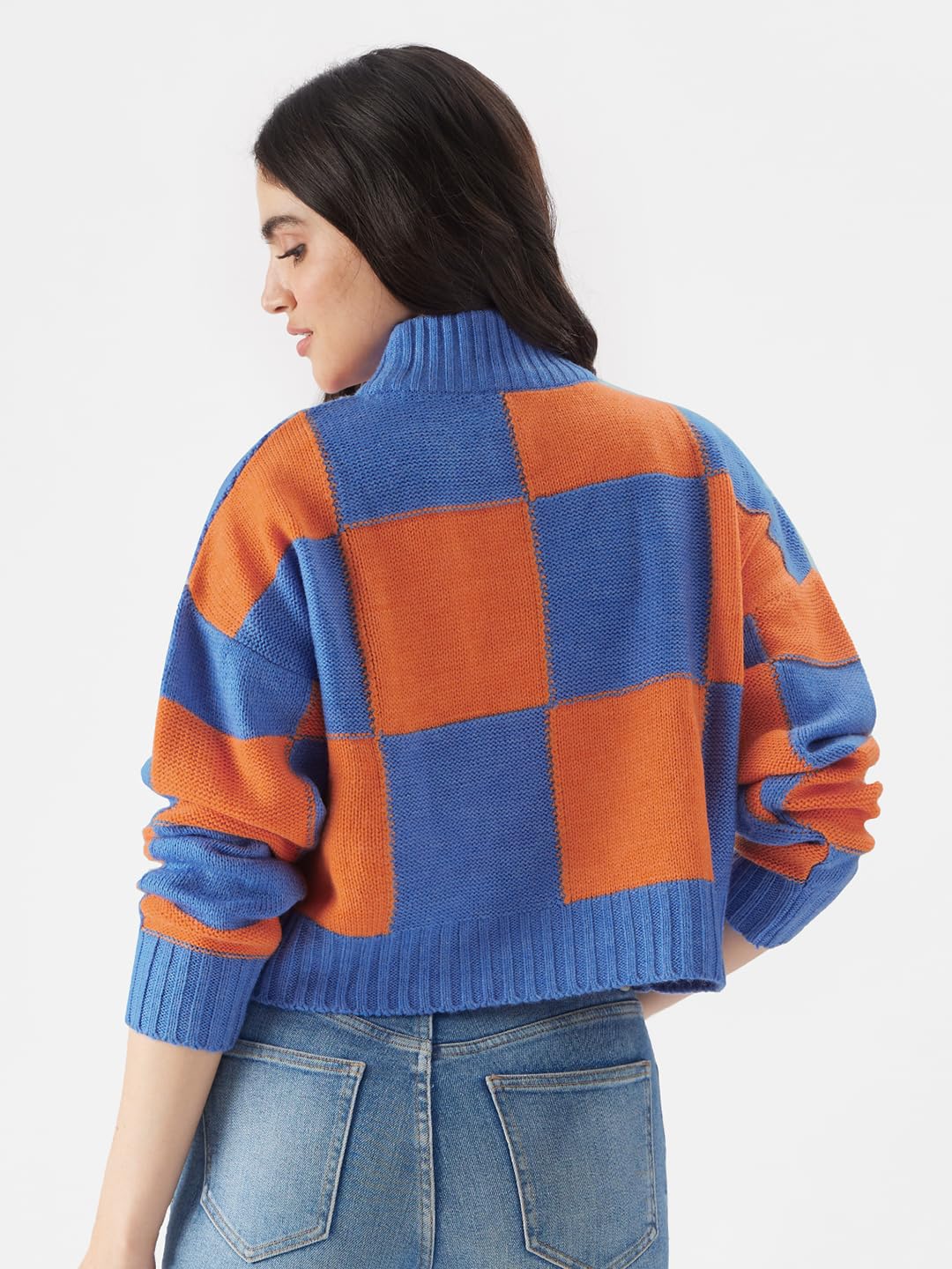 The Souled Store Solids: Blue, Orange (Colourblock) Women Turtle Neck Sweaters