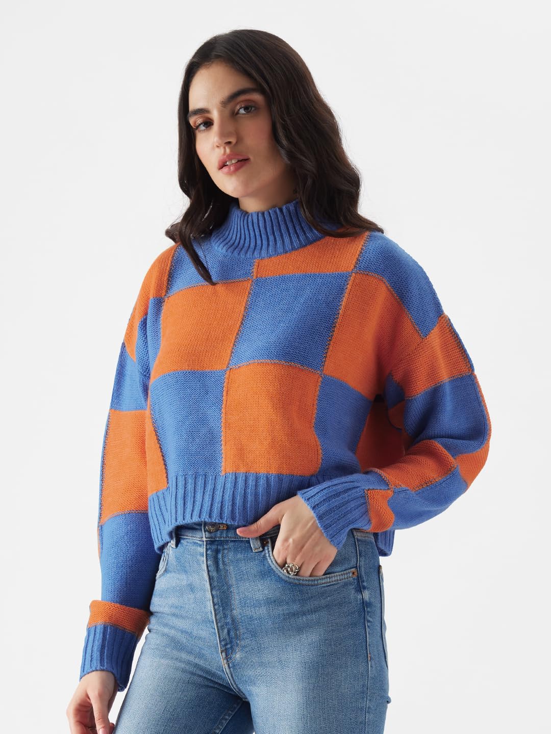 The Souled Store Solids: Blue, Orange (Colourblock) Women Turtle Neck Sweaters