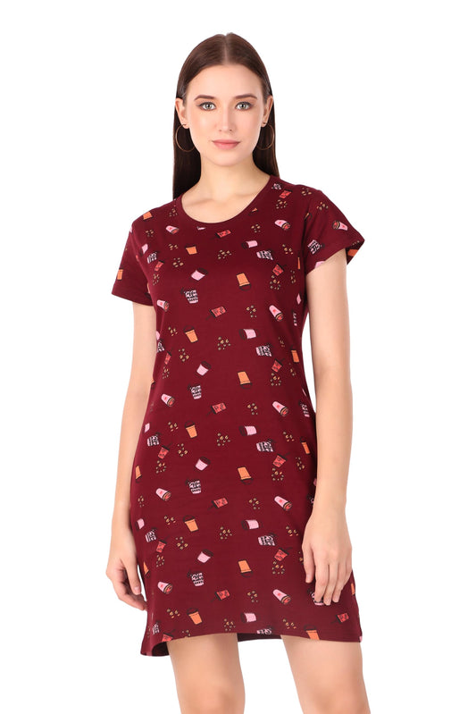 Stories.Label Women Cotton Long Printed Middies T-Shirt Dress in Knee Length with Side Pockets Include Plus Sizes, Western Casual One Piece T-Shirts Dresses for Girls (Maroon, 3XL)