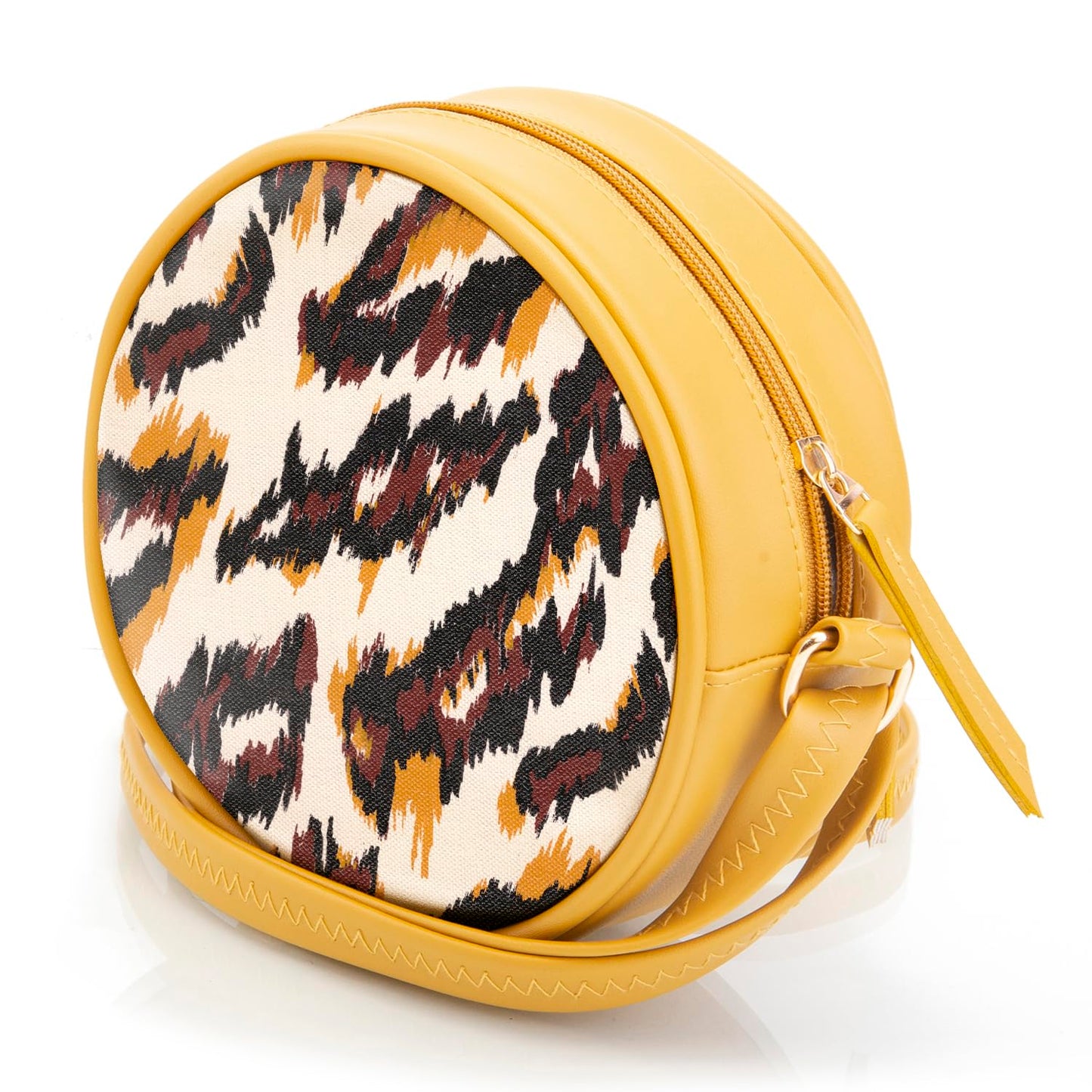 SACCI MUCCI Printed Women's Round Sling crossbody bag Handcrafted Vegan Leather Round Sling Bag | Latest Stylish Shoulder Bag - African Leopard (Mustard)