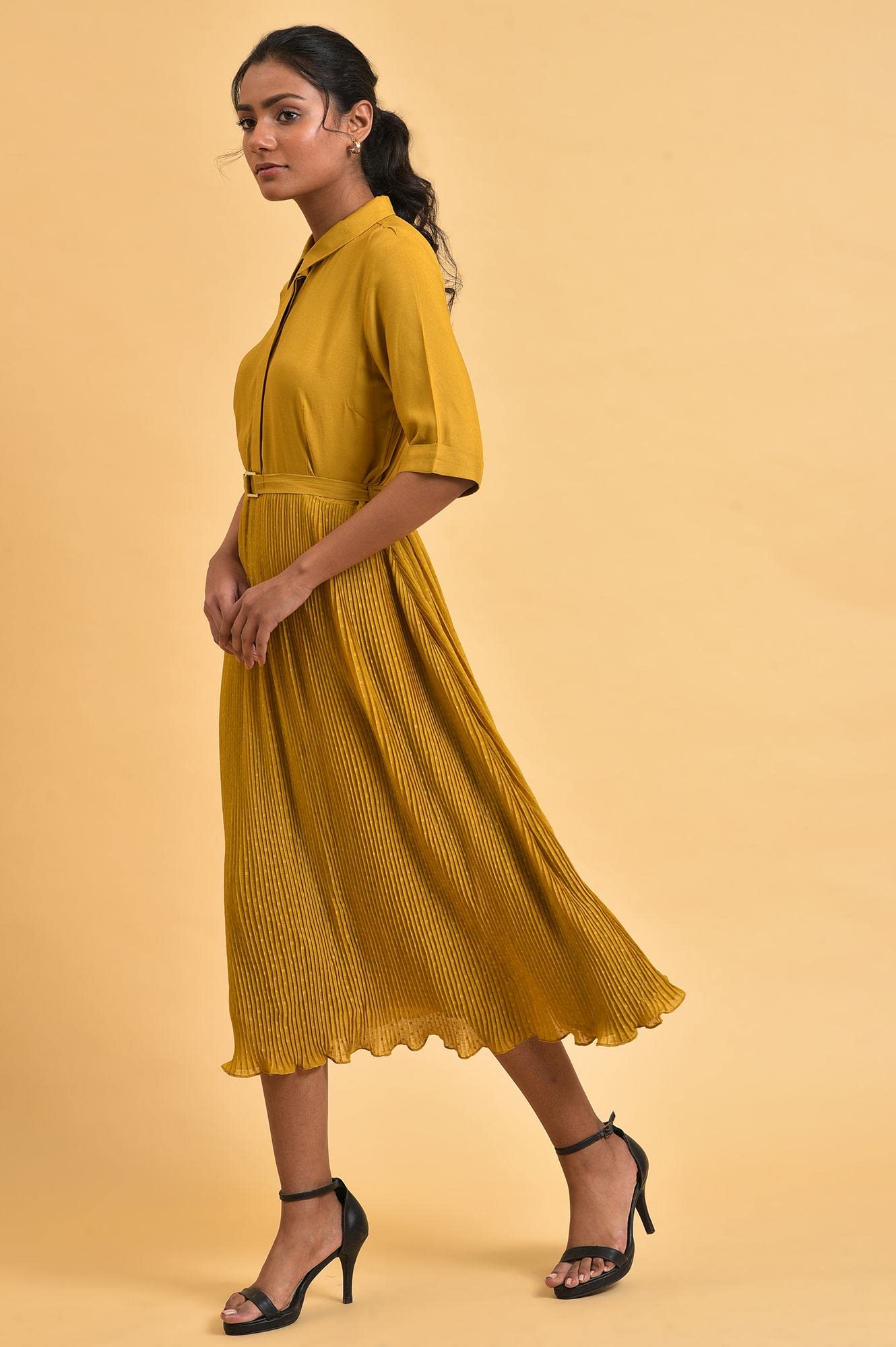 W for Woman Women's Viscose Mustard Yellow Pleated Dress Calf Length