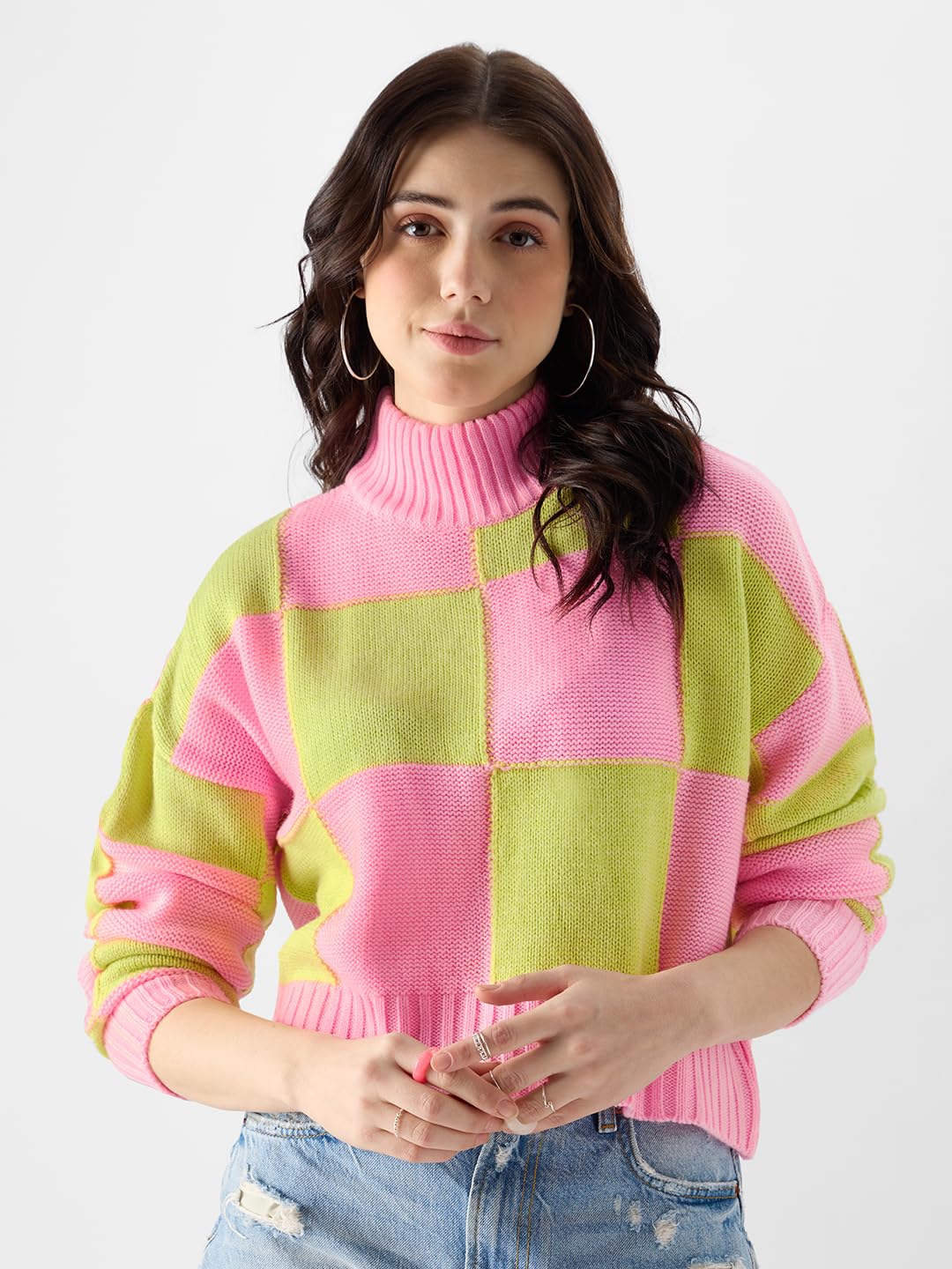 The Souled Store Colorblock: Candy Lime Women Turtle Neck Sweaters