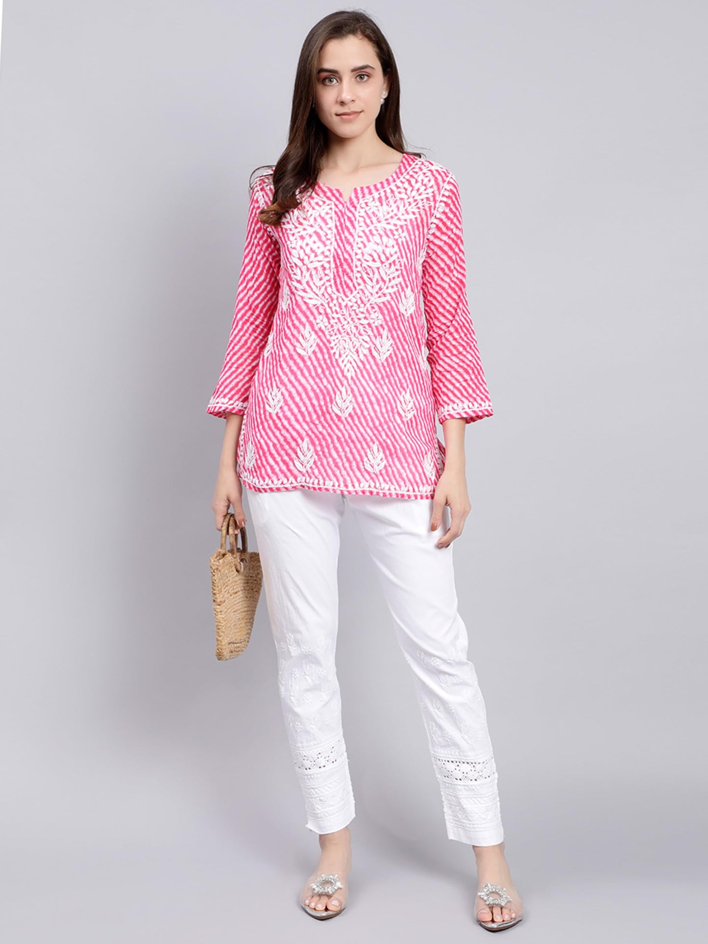 Seva Chikan Hand Embroidered Pink Cotton Blend Lucknowi Chikankari Top (Pink)