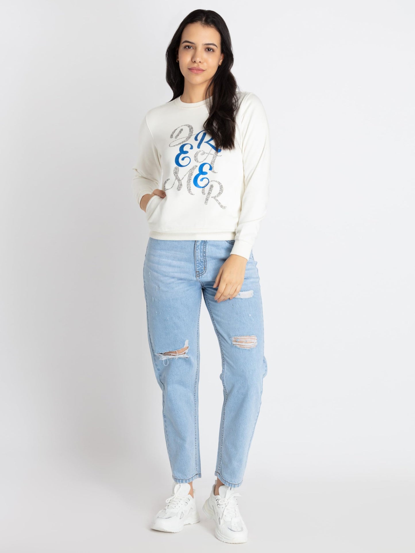 Status Quo Womens Printed Round Neck Sweatshirt Off White