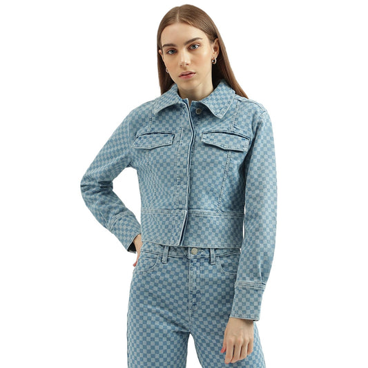 UNITED COLORS OF BENETTON Women's Regular Fit Spread Collar Checked Jacket (Size: 28)-23A2DENIM582I901