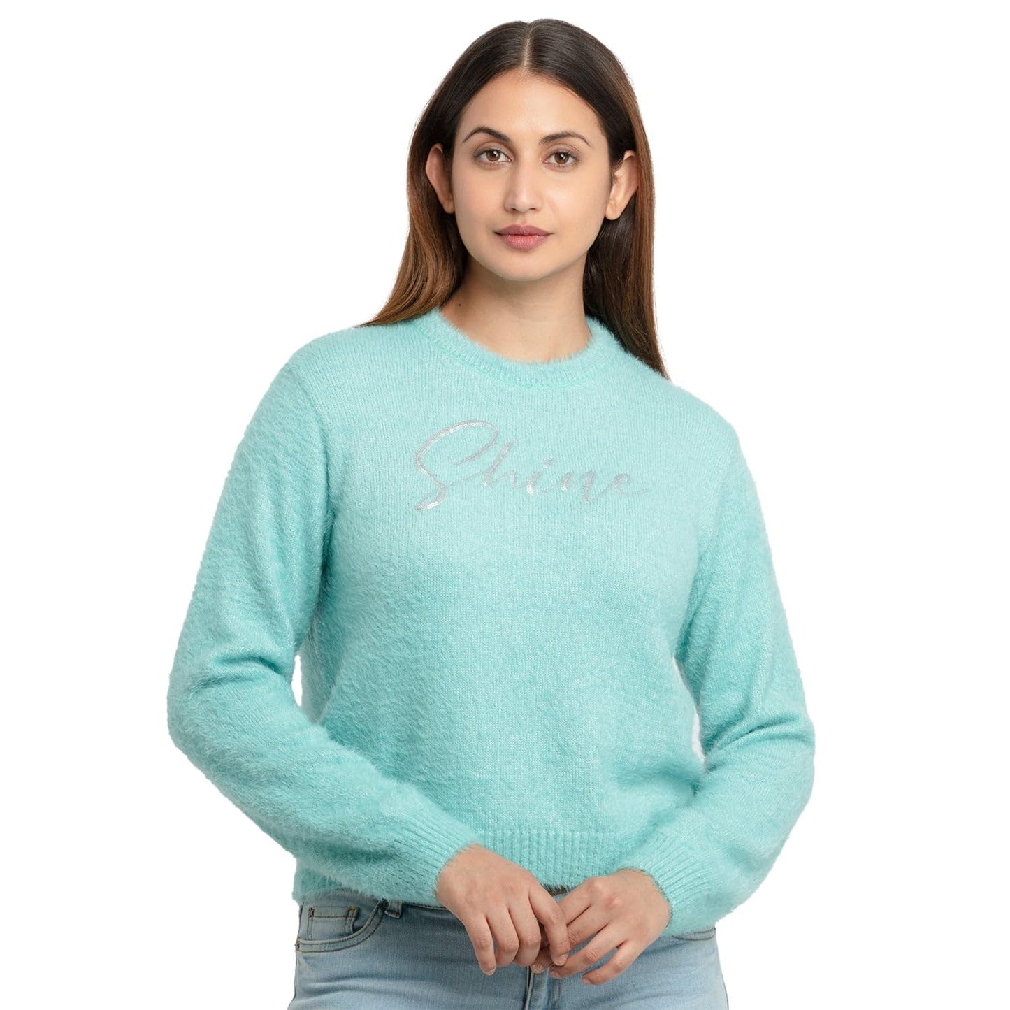 Status Quo Womens Knitted Round Neck Sweater Aqua